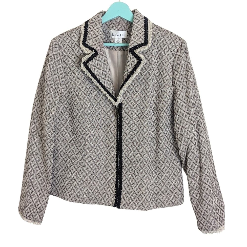 Silk Zip Front Blazer With Fringe Diamond Print Women's Size 14*